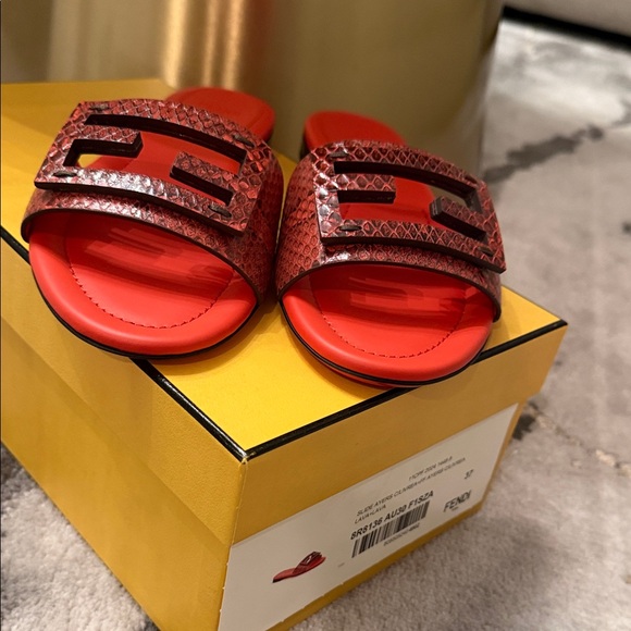 Fendi Baguette Snake Embossed Leather Slides - Picture 2 of 6